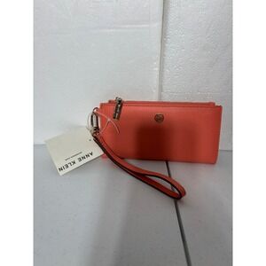 Anne Klein Coral Leather‎ Zip Around Wristlet Clutch Wallet Card Holder NEW
